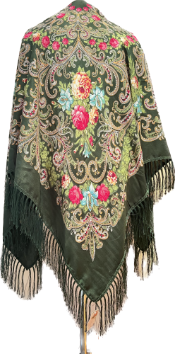 Folk chusta w kwiaty 130x130 wełna zieleń