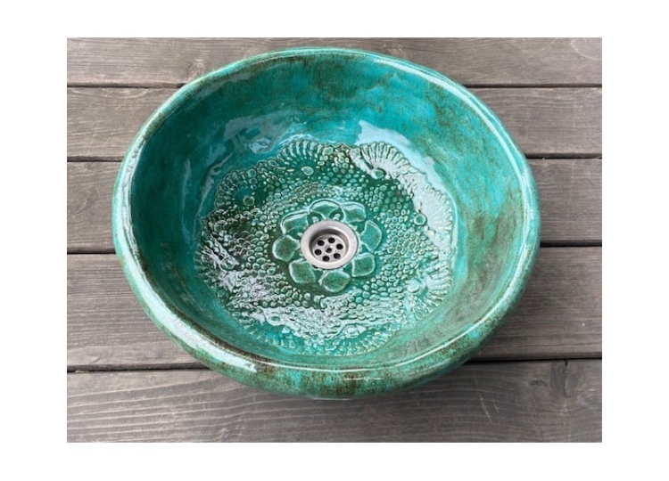 Ceramiczna umywalka misa z koronką zielona