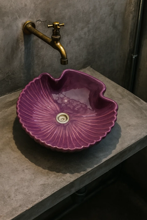 Duża ceramiczna umywalka muszla fioletowa