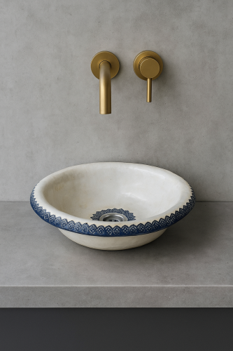 Ceramiczna umywalka folk z niebieską koronką wpuszczana nablatowa