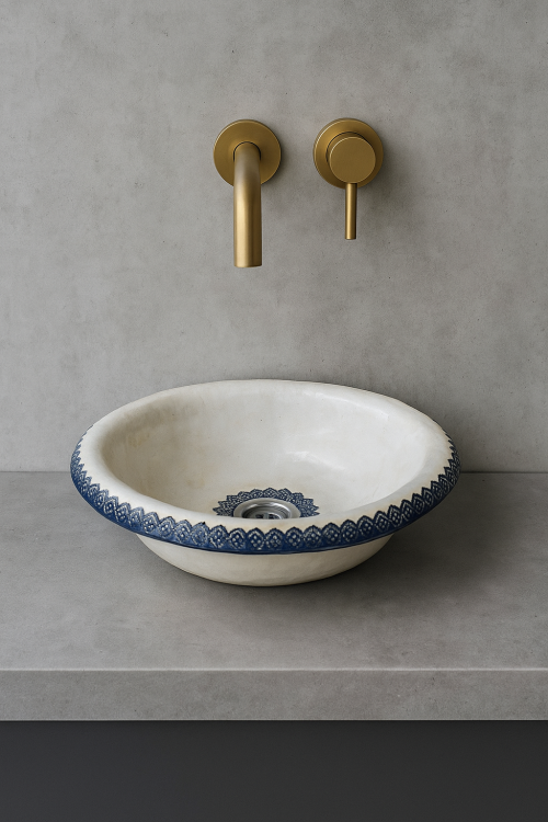 Ceramiczna umywalka folk z niebieską koronką wpuszczana nablatowa