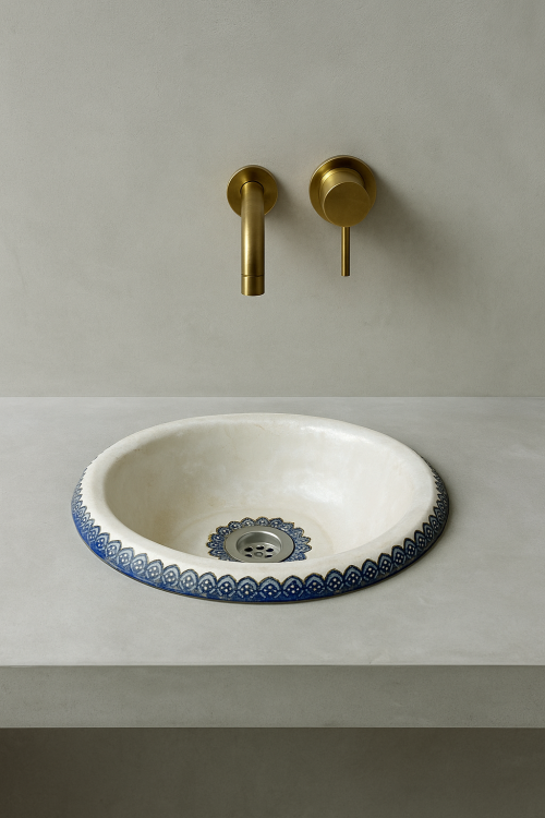 Ceramiczna umywalka folk z niebieską koronką wpuszczana nablatowa