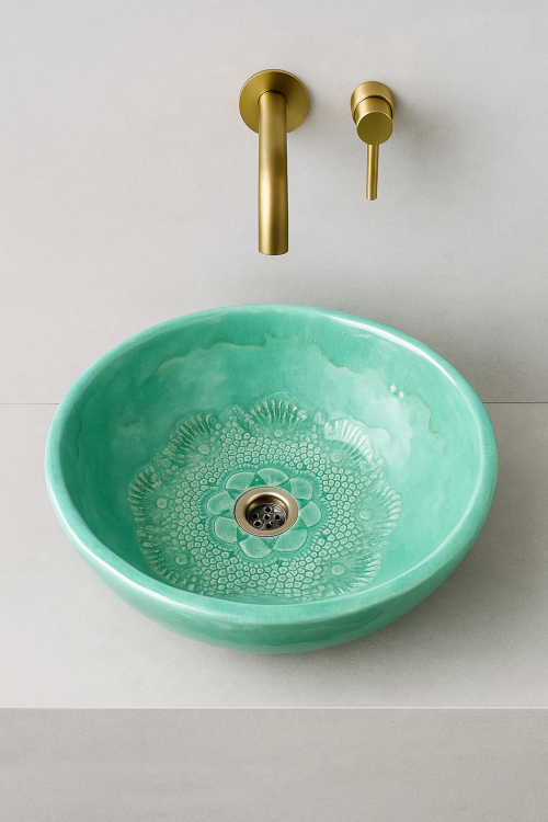 Ceramiczna umywalka misa z koronką mięta