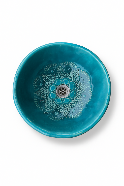 Ceramiczna umywalka misa z koronką turkus