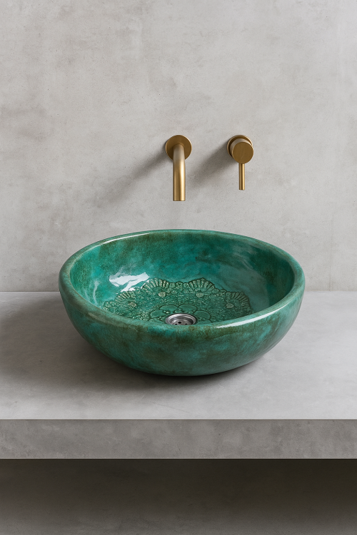 Ceramiczna umywalka misa z koronką zielona