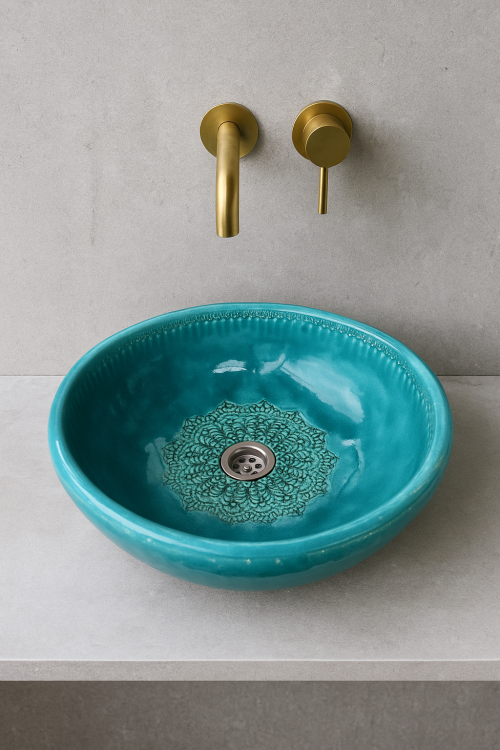 Ceramiczna umywalka misa z koronką turkusowa