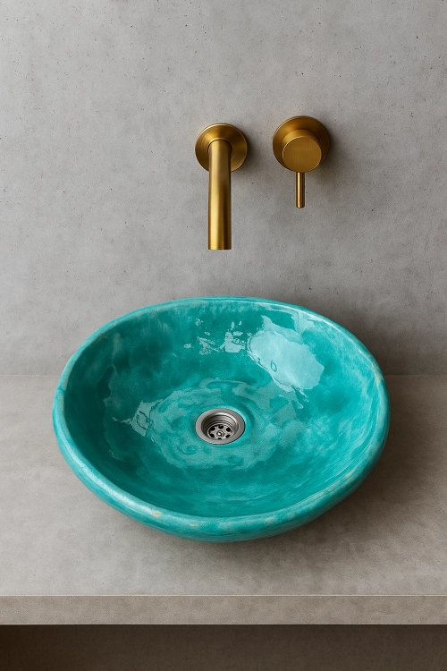 Ceramiczna umywalka nablatowa ręcznie robiona turkusowa