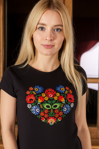 Czarna haftowana koszulka t-shirt serce łowickie