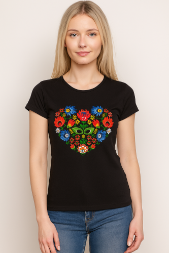Czarna haftowana koszulka t-shirt serce łowickie