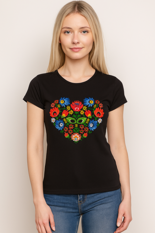 Czarna haftowana koszulka t-shirt serce łowickie