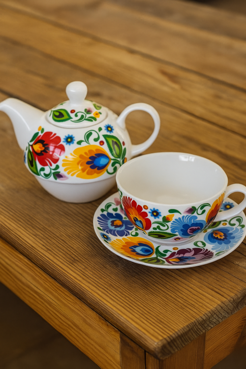 Filiżanka Halinka z imbrykiem biała łowicka