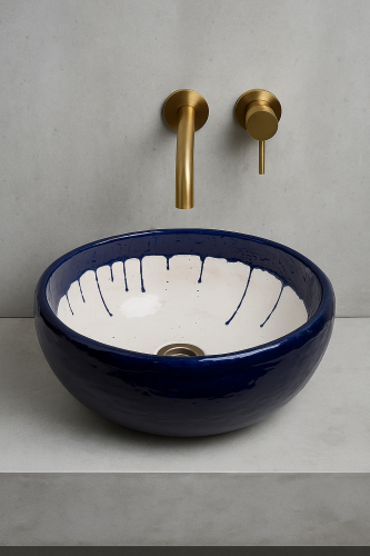 Niebieska ceramiczna umywalka rękodzieło 38 cm