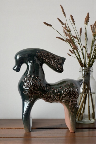 Duży ceramiczny weselny konik mazurski zieleń