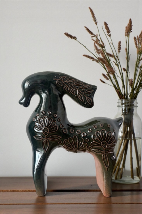 Duży ceramiczny weselny konik mazurski zieleń