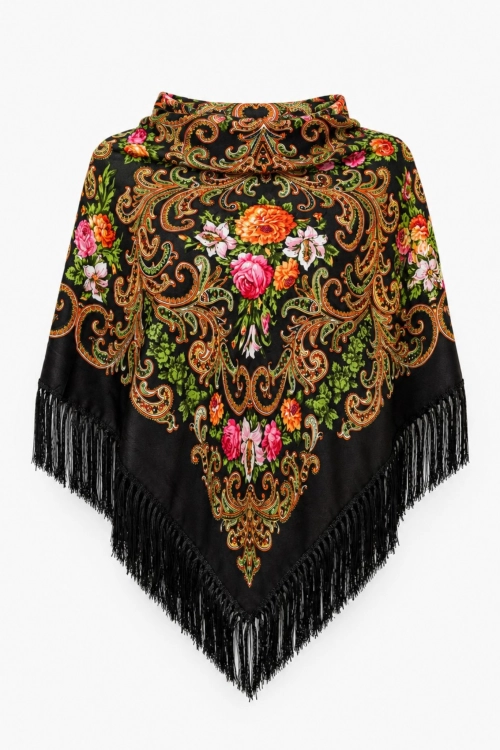 Czarna chusta etno folk kwiaty 110x110 cm