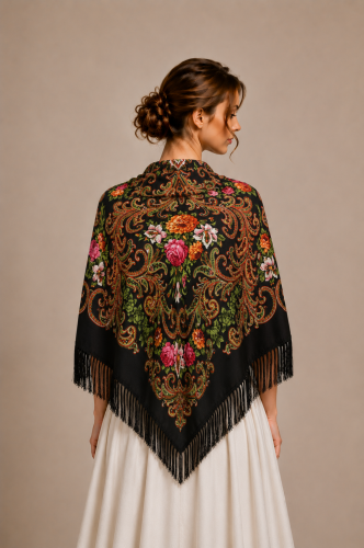Czarna chusta etno folk kwiaty 110x110 cm
