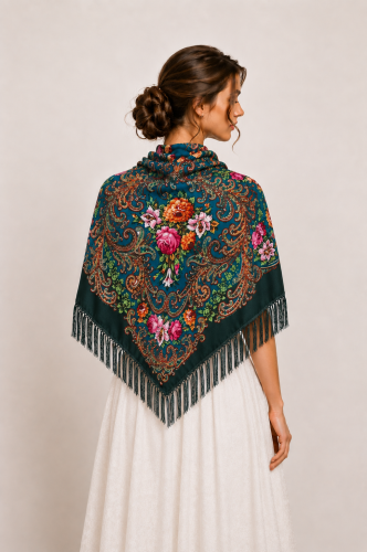 Zielona folk chusta w kwiaty 110x110 cm